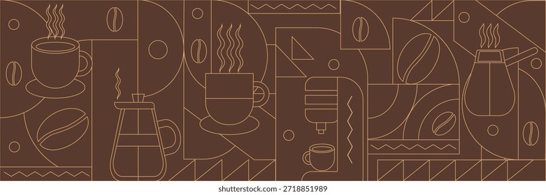 Geometric coffee pattern in minimalist style. Geometric line drawing. Abstract print background with simple shapes for coffee shop, food packaging, cafe wall, menu.
