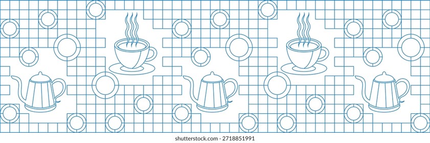 Patrón de café geométrico en estilo minimalista. Dibujo de línea geométrica. Fondo de impresión Abstractas con Formas simples para cafetería, empaquetado de alimentos, pared de la cafetería, menú.