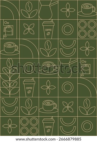 Geometric coffee pattern in minimalist style. Abstract print background with simple shapes for coffee shop, food packaging, cafe wall, menu. Coffee-themed block illustration with coffee beans, cups an