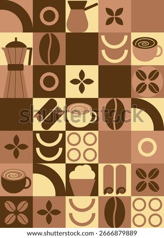 Geometric coffee pattern in minimalist style. Abstract print background with simple shapes for coffee shop, food packaging, cafe wall, menu. Coffee-themed block illustration with coffee beans, cups an
