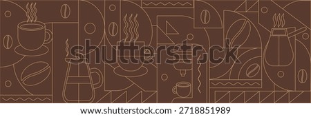 Geometric coffee pattern in minimalist style. Geometric line drawing. Abstract print background with simple shapes for coffee shop, food packaging, cafe wall, menu.