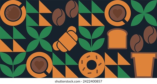 Geometric Coffee pattern. Vector sketch banner with coffee beans, cups and leaves on minimal background. Template design. Illustration for cafe menu, invitations, cards, banner, poster, cover. 