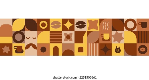 Geometric coffee seamless horizontal banner. Abstract minimalist repeat background with circle, shapes, coffee bean, coffee cup, mug. Cafeteria vector illustration, print, wallpaper, mosaic pattern.