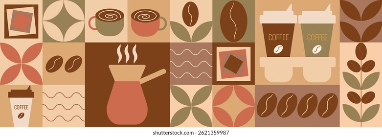 Geometric coffee and tea pattern in Bauhaus style. Abstract print background with simple shapes for coffee shop, food packaging, cafe wall, menu.