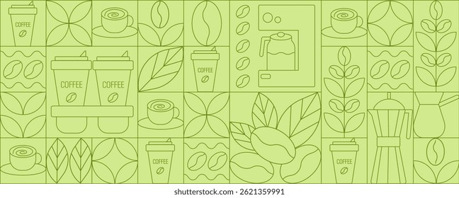 Geometric coffee and tea pattern in Bauhaus style.  Abstract print background with simple shapes for coffee shop, food packaging, cafe wall, menu.