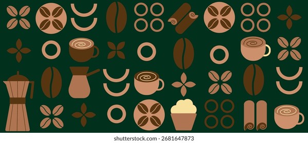 Geometric coffee and tea pattern in Bauhaus style. Abstract print background with simple shapes for coffee shop, food packaging, cafe wall, menu.