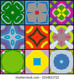 Geometric collage background, set of colorful seamless patterns, isolated elements. Vector patchwork quilt design. Multicolored vibrant ornament for textile or paper print