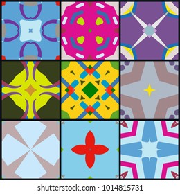 Geometric collage background, set of colorful seamless patterns, isolated elements. Vector patchwork quilt design. Multicolored vibrant ornament for textile or paper print