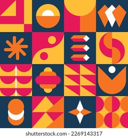 Geometric collage digital artwork - funky pop flat shapes composition design vector in orange, yellow, and navy color palette