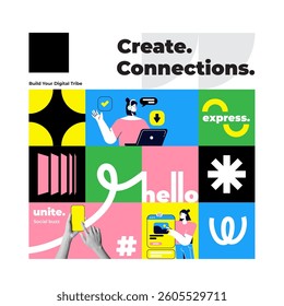 Geometric collage of diverse characters, active users or bloggers, influencers creating selling content, sharing with their followers, with like, comment, save icons below. Art collage