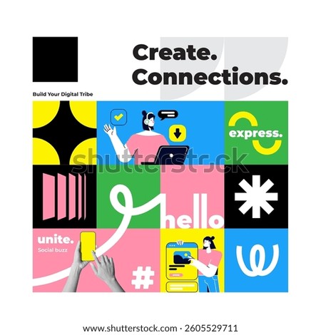 Geometric collage of diverse characters, active users or bloggers, influencers creating selling content, sharing with their followers, with like, comment, save icons below. Art collage