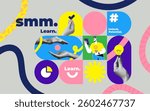 Geometric collage of diverse people, active users or bloggers, influencers creating selling content, sharing with their followers, with like, comment, save icons below. Art collage, Modern art collage