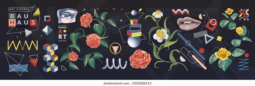 Geometric collage. Movie cover. Bauhaus art poster design. Event graphic pattern. Nature flower leaves. Music label. Cubes and spheres. Mouth lips. Face eye. Vector exact background