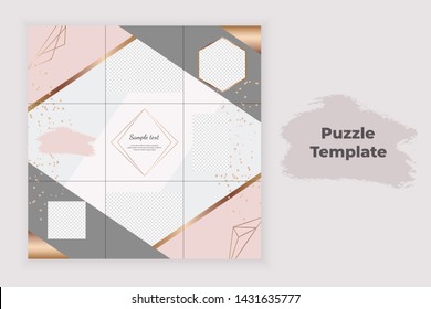 Geometric collage puzzle for social media with brush stroke texture, gold lines and confetti. Trendy templates for banner, stories, posts, flyer.
