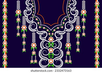 Geometric collar pattern for , white, green orange shirts on blue background.