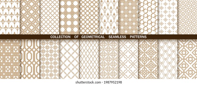 Geometrische Kollektion von Gold- und Weißmustern. Nahtlose Vektorhintergründe. Einfache Grafiken