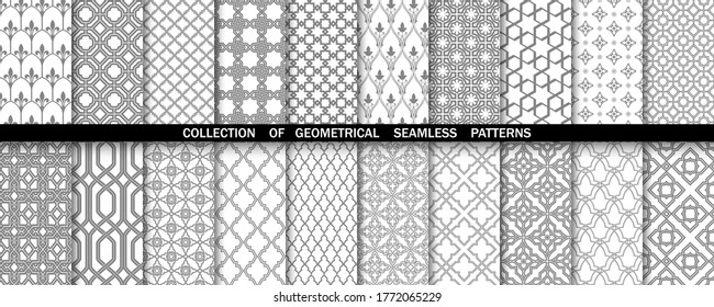 Colección geométrica de patrones grises y blancos. Fondos vectoriales sin inconvenientes. Gráficos simples.