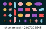 Geometric color abstract different shape sticker set. Graphic elements in minimalist style. Collection figures circle, star, flower, blob. Modern design form. Vector illustration on black background