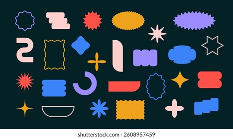 Geometric color abstract different shape sticker set. Graphic elements in minimalist style. Collection figures circle, star, wave blob. Modern design form. Vector illustration on black background