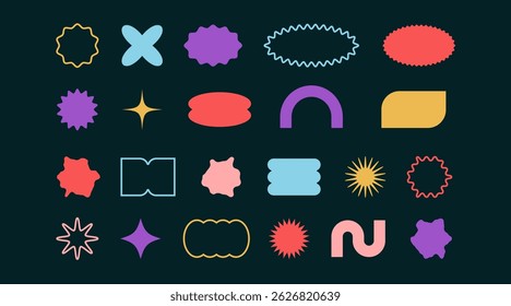Conjunto de pegatinas de forma diferente abstracta de color geométrico. Elementos gráficos en estilo minimalista. Figuras de colección círculo, estrella, onda blob. Forma de diseño moderno. Ilustración vectorial sobre fondo negro