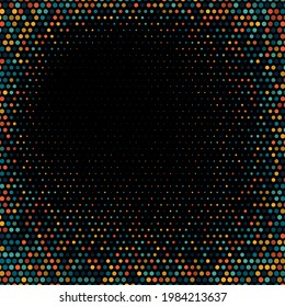 Geometric color halftone dots on black vector background, design element