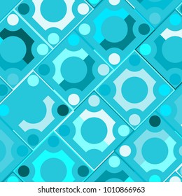 Geometric Color Ornament. Blue Squares and Circles. Abstract Blue Background for Tile, Fabric, Packaging Paper, Tablecloth, Banner, Textile. Abstract Geometric Pattern in Classic Style. Mosaic.
