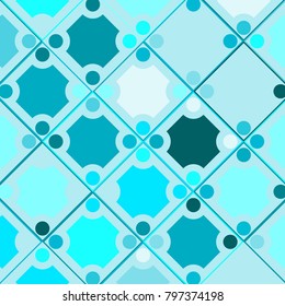 Geometric Color Ornament. Blue Squares and Circles. Abstract Blue Background for Tile, Fabric, Packaging Paper, Tablecloth, Banner, Textile. Abstract Geometric Pattern in Classic Style. Mosaic.