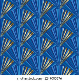 Geometric color seamless pattern. Abstract fan, scales shaped elements texture. Art deco, nouveau background with blue, golden lines. Decorative luxury textile, wallpaper, wrapping paper vector fill