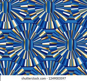 Geometric color seamless pattern. Abstract circles, round shapes texture. Blue and golden lines, circular elements background. Decorative kaleidoscope textile, wallpaper, wrapping paper vector fill