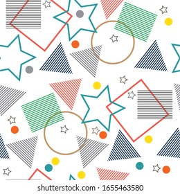 Geometric color seamless vector pattern with circle, triangle, star,square and hexagon. Seamless geometric repeating pattern.