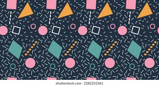 Geometric colored figures, and tinsel on the background. For print and interior design, wallpaper, textiles, notebooks, pillows. Pink, orange, green colors.