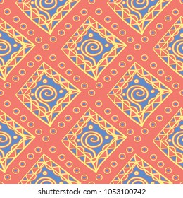 Geometric colored seamless background. Bright elements on orange background for wallpapers, textile and fabrics