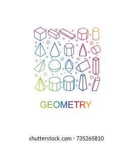 Geometric colored shapes in isometric. Math symbols icons. Isolated on white background. Vector illustration.