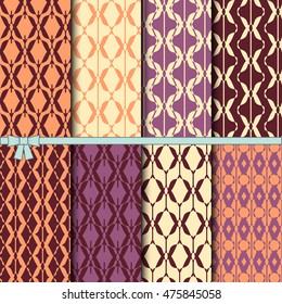 Geometric colorful abstract objects patterns vector set. Eight vintage seamless patterns in cold and warm colors. Vector set of elegance geometric shapes.
