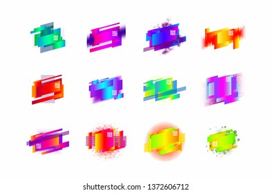 geometric colorful abstract shapes set badges background for banner web, app, poster. Trendy minimal modern design isolated white background. Abstract geometric shapes, lines patterns composition set.
