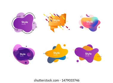 Geometric colorful badges set. Abstract geometric figures and lines on white background. Trendy minimal templates for presentations, banners, posters and flyers. Vector illustration