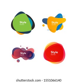 Geometric colorful badges set. Abstract geometric figures and lines on white background. Trendy minimal templates for presentations, banners, posters and flyers. Vector illustration