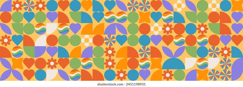 Geometric colorful Bauhaus Pride month background with simple shape and figure. Abstract minimalistic pattern design in retro style for web banner, business presentation, package, fabric print. Vector