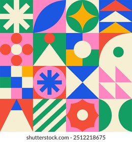 Geometric colorful bauhaus seamless pattern. Trendy abstract swiss background. Vector illustration