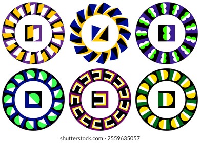 A geometric and colorful collection of vector circular frames and pattern brushes with bold optical illusion effects. Ideal for packaging, branding, posters, and striking abstract art projects.