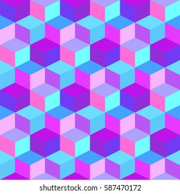 Geometric colorful cube vector background. Purple and blue rhombus seamless pattern.
