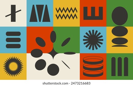Geometric colorful design, abstract vector art with simple brutalism shapes and forms. Bold brutal graphics background, banner, seamless pattern
