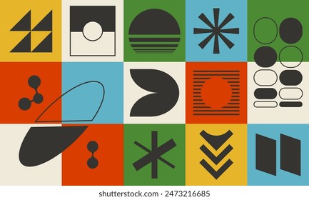 Geometric colorful design, abstract vector art with simple brutalism shapes and forms. Bold brutal graphics background, banner, seamless pattern