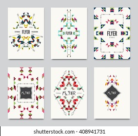 Geometric colorful ethnic flyers. Vector abstract background templates - set of modern elements for brochure, poster, banner, greetings card, cover design.