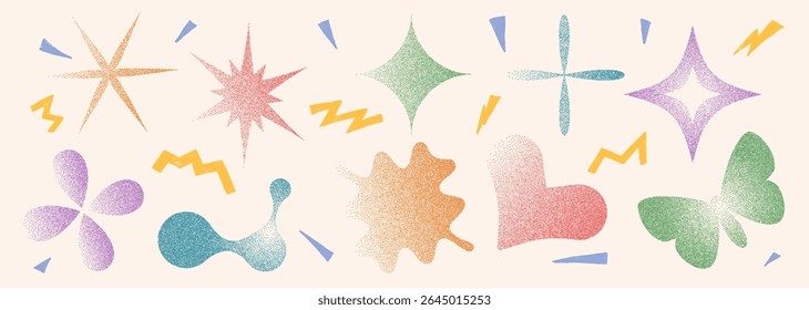 Geometric colorful figures with grain noise gradient. Y2k retro stippling forms set. Butterfly, heart and star, flower icons isolated on beige background. Vector gritty gradation shapes illustration.