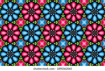 Geometric colorful floral wallpaper. Ethnic ornament based on East Indian motives. Doodling pattern. Background for brown paper, business card, textiles, fabric, website, stained glass, presentations.