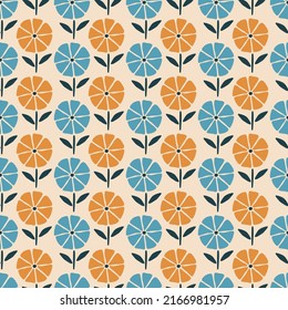 Geometric colorful flowers hand drawn vector illustration. Vintage floral seamless pattern for wallpaper or home decor.