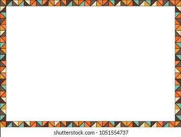 Geometric colorful frame made of multicolored triangles - brown, orange, blue, red and tan with black outline; empty white copyspace in center of the border, retro stylization
