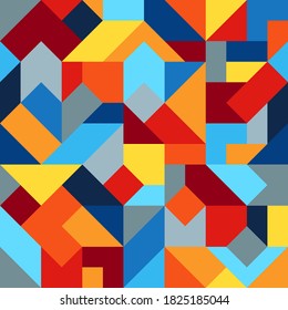Geometric Colorful Graphic Seamless Pattern of Simple Polygonal Figures. Harmonious Palette of Colors. Continuous Abstract Background of Blue, Burgundy, Grey, Orange, Red, Yellow Geometric Shapes.