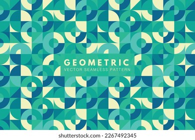 Geometric colorful green square and circle shapes abstract. Neo geo seamless vector pattern